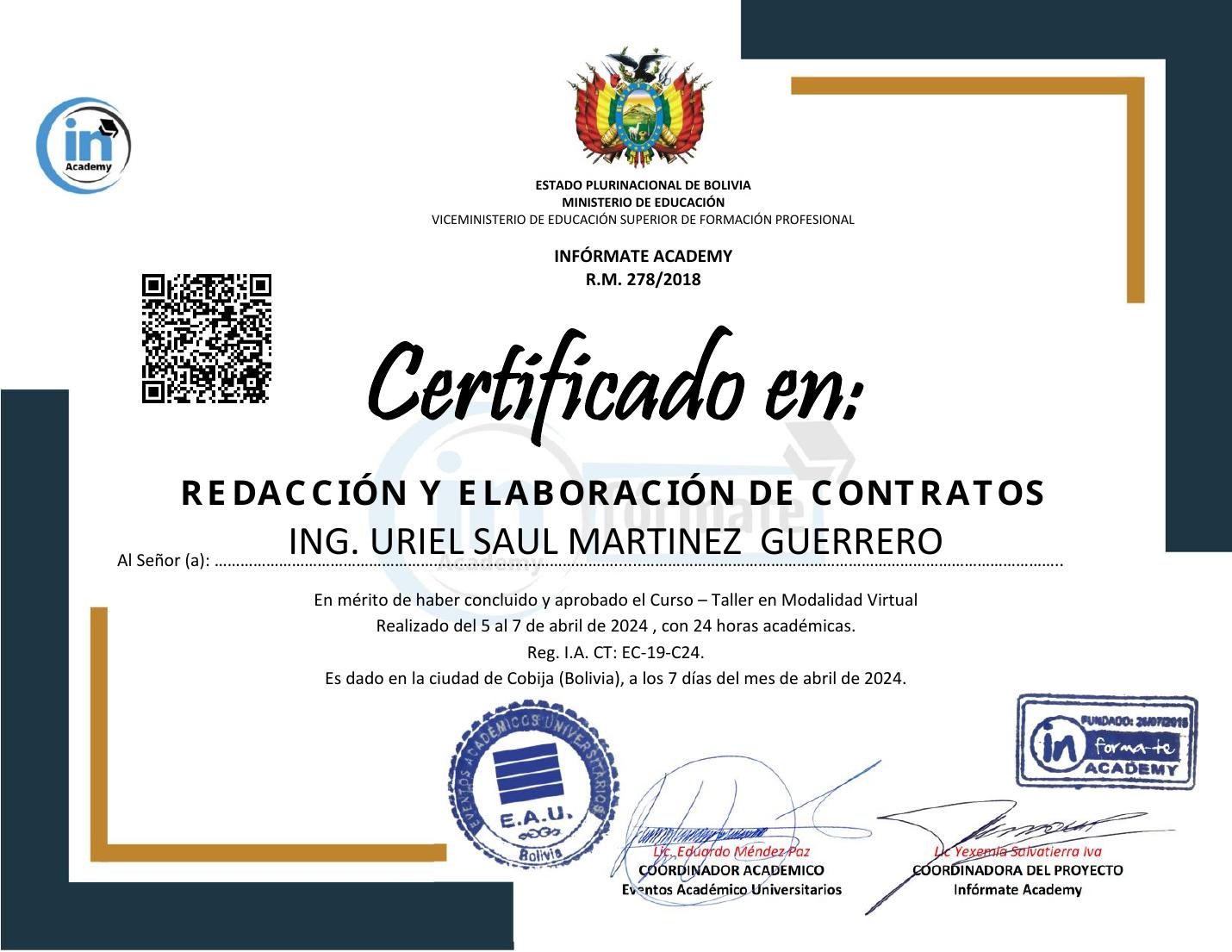 Certificado de Redacción y Elaboración de Contratos de Uriel Saúl Martínez Guerrero